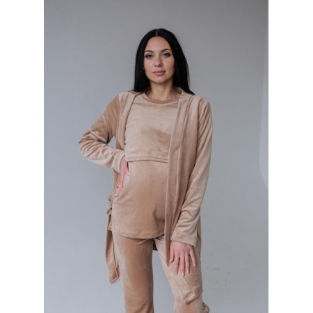 Комплект из пижама и халата беременным и мамочкам из плюшевого велюра для дома и сна с секретом для кормления Бежевый 2